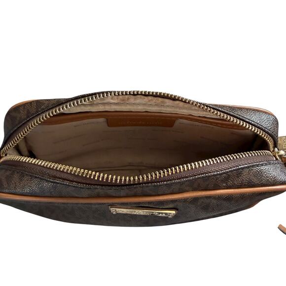 Michael Kors Jet Set Brown MK Signature Crossbody Bag Leather Trim Gold Hardware - Picture 10 of 13